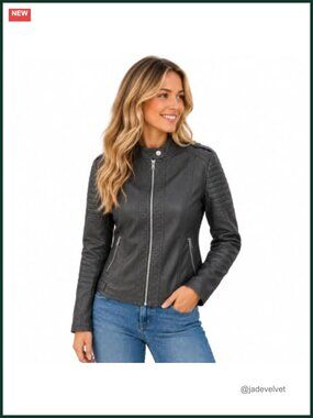 Faux Leather Moto Biker Jacket Vegan Casual Coat